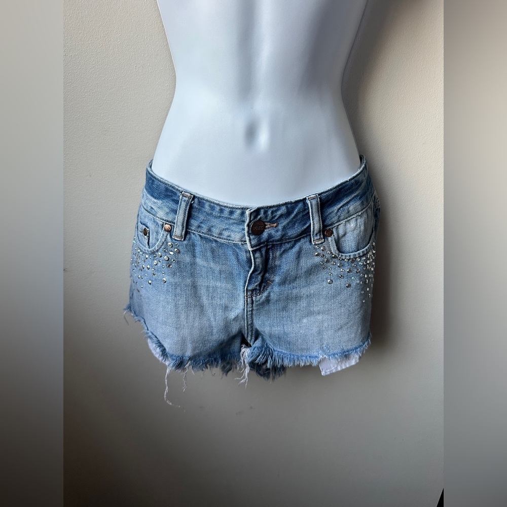 PINK Y2K Low Rise Rhinestone Embellished Denim Light Wash Shorts Summer Casual 4